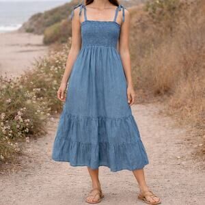 Blu Pepper Lyocell Smocked Maxi Dress Women’s M Denim Blue Summer